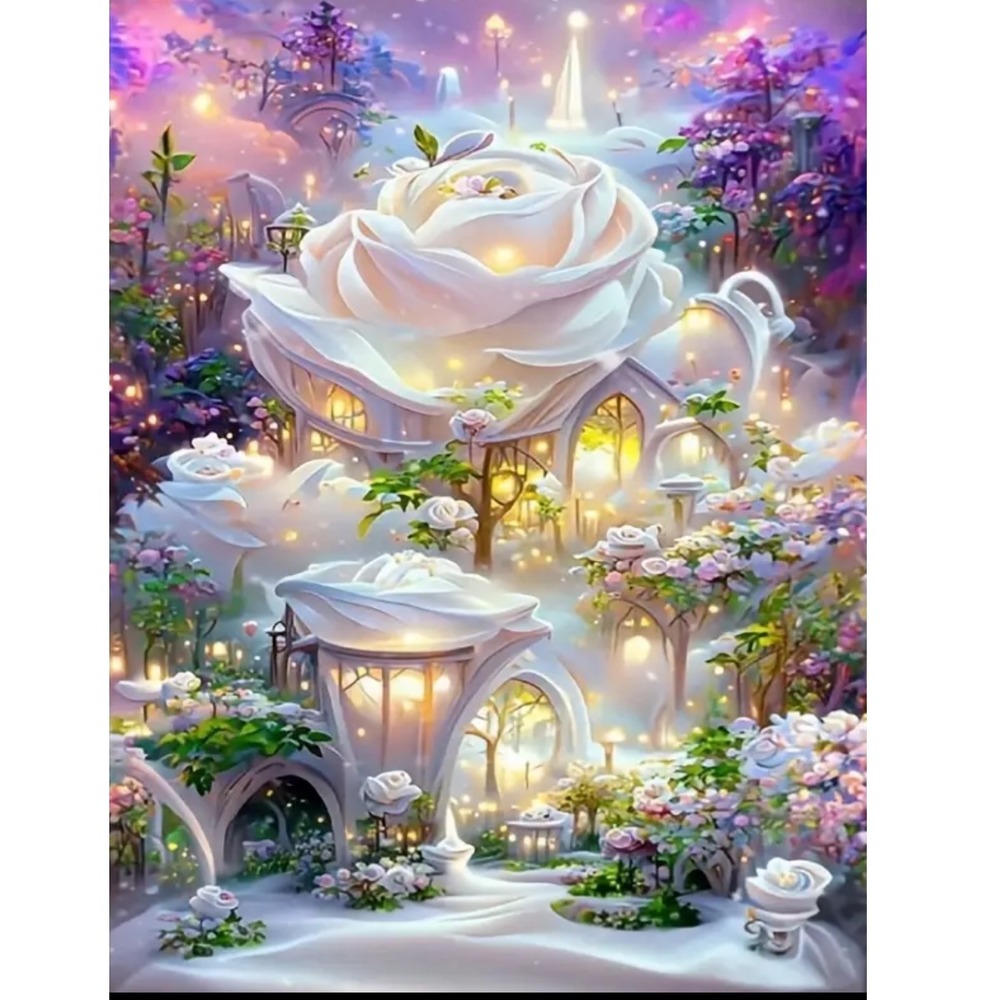 DIY 5D Diamond Painting Kit White Rose House 30 x 40 Round